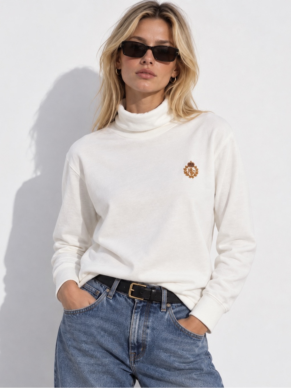 Ralph Lauren Vintage Crest Turtleneck Long Sleeve Top Ivory Size M